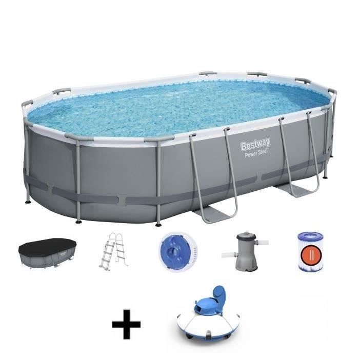 Kit de piscina tubular elevada BESTWAY - Power Steel™ - 488 x 305 x 107 cm - Ovalada + Robot aspirador Frisbee