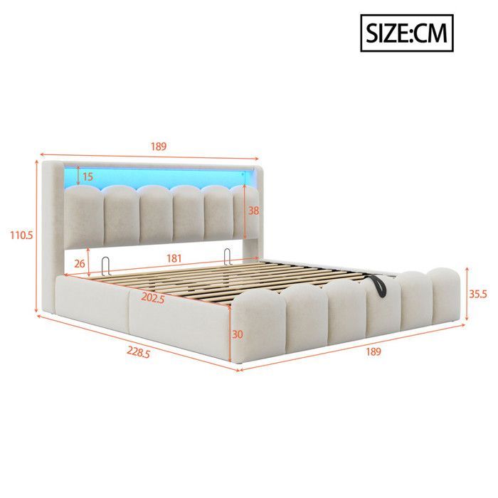 Cama tapizada con almacenamiento 180x200 - USB + Tipo-C - Con luz LED - Terciopelo - Beige (colchón no incluido)