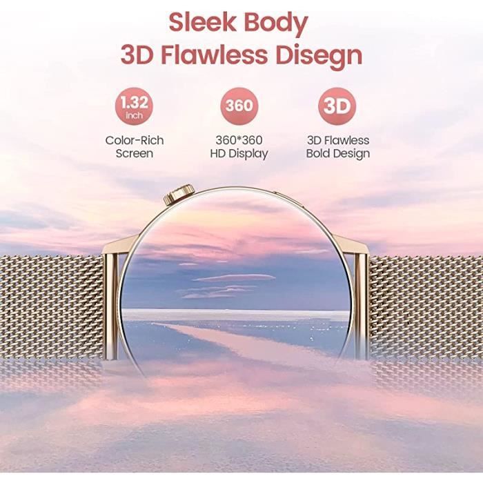 Montre Connectée Femme, avec Appels Numérotation, 1.32 HD, Fonction FéminineFréquence Cardiaque20 Modes or rose