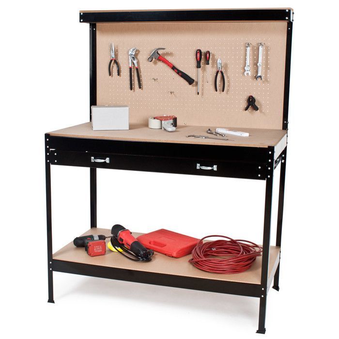 Arbejdsbord - TECTAKE - Stålarbejdsbord med perforeret panel og skuffe 120 x 60 x 156 cm - Sort