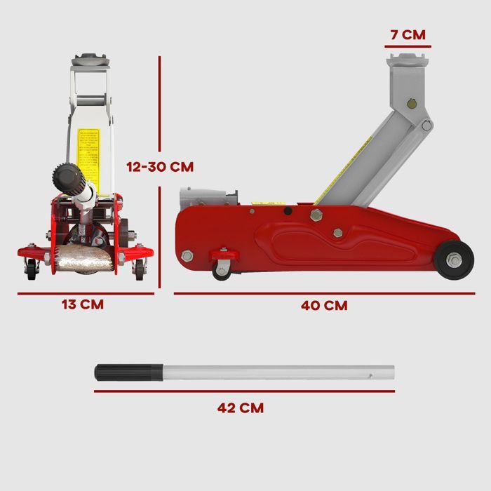 Gato hidráulico de acero de perfil bajo y alta resistencia, carga máxima de 2000 kg, capacidad de elevación de 12 a 30 cm, color rojo.