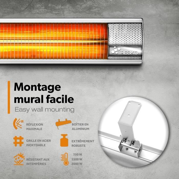 Calefactor de pared infrarrojo TRESKO de 2000 W para uso interior y exterior.