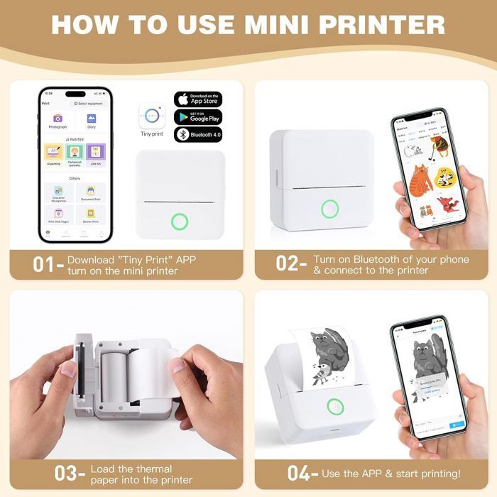 Imprimante photo portable Bluetooth mini sans fil, compatible smartphone, kit complet stickers papiers couleurs, rose