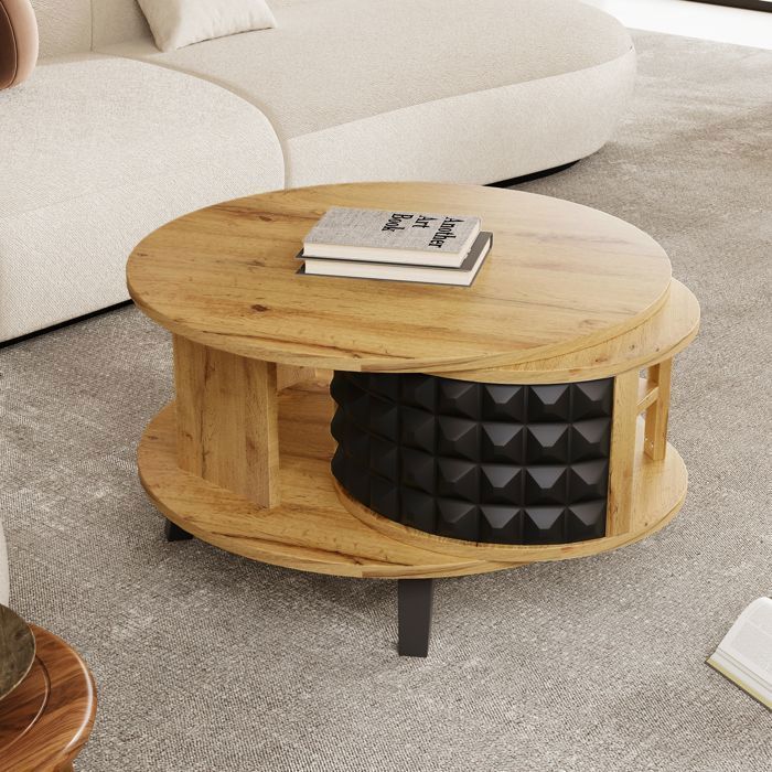 Table basse Maisentiel plateau double rotatif effet bois naturel avec rangement caché et design moderne épuré