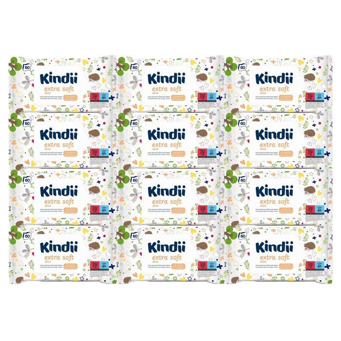 Lenços umedecidos para bebês Kindii com aloe vera extra macios, pacote com 12 unidades.