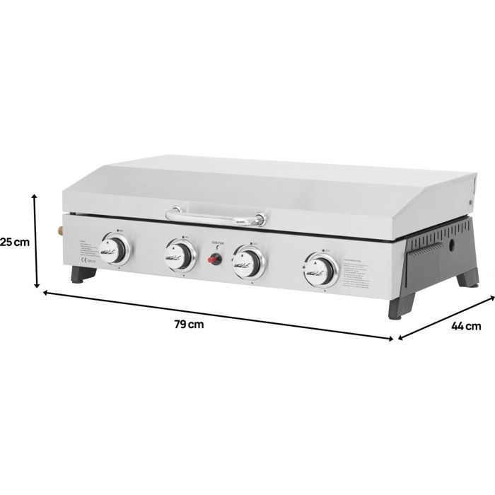 Plancha à gaz en inox avec 4 bruleurs et couvercle 