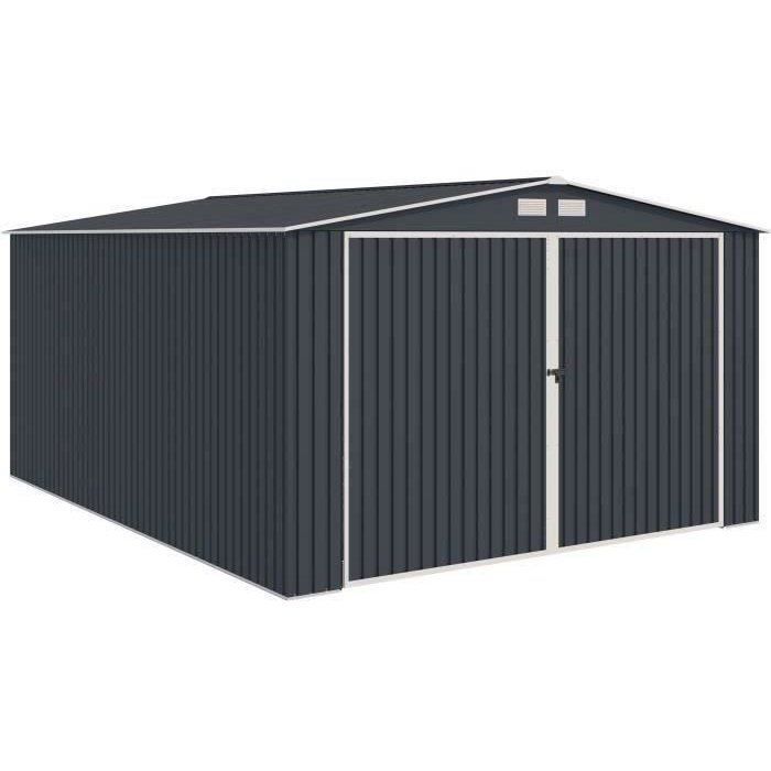 18,2 m² hageskur/garasje i metall - 380 x 480 x 232 mm - ORION forankringssett, 2 skyvedører foran, 1 sidedør