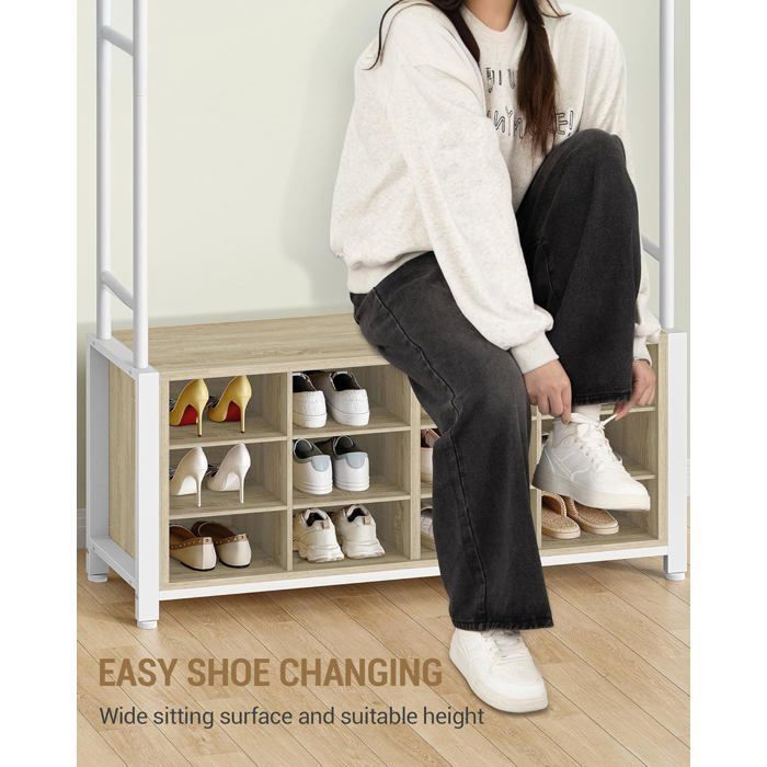 Coat rack, entryway furniture with shoe bench, 14 open compartments, 13 shelves, for entryway, hallway, oak and white