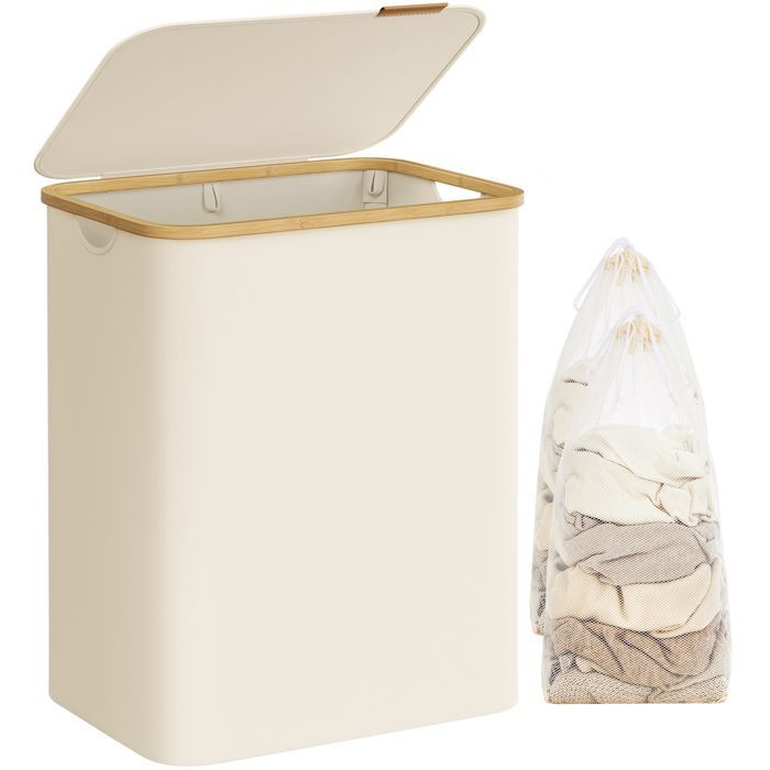Cesto de ropa con tapa, 2 compartimentos, 130 L, bolsa extraíble, tela Oxford, plegable, 52 x 38,5 x 70,5 cm, blanco crema
