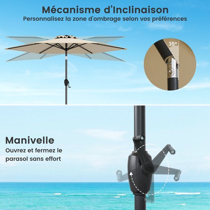 Parasol de Jardin 230cm - COSTWAY -Angle Réglable 35°- Inclinaison par Bouton-Poussoir -Manivelle-Toile Ventilée pour Terrasse Beige