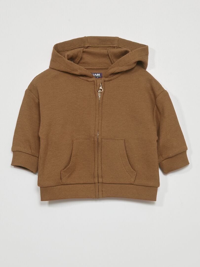 Hoodie van gebreide stof met reliëf - Bruin