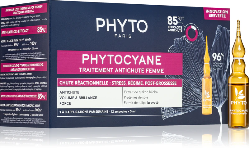 Ženská kúra Phyto Phytocyane, ktorá podporuje rast vlasov a zabraňuje ich vypadávaniu.