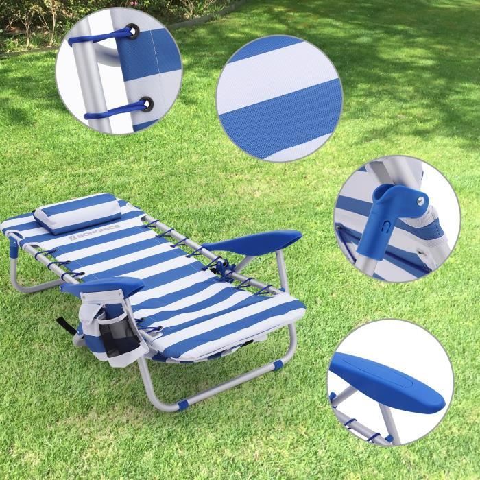 Silla de playa portátil SONGMICS con almohada, reclinable, estilo mochila, silla de exterior, rayas azules y blancas GCB62BU