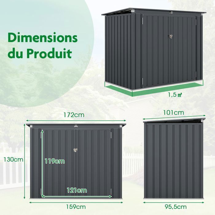 Caseta de jardín metálica COSTWAY para exteriores - 1,52 m² (159 x 95,5 cm) - Tapa con apertura a 40° y barras de aire - 2 puertas con pestillos - Gris
