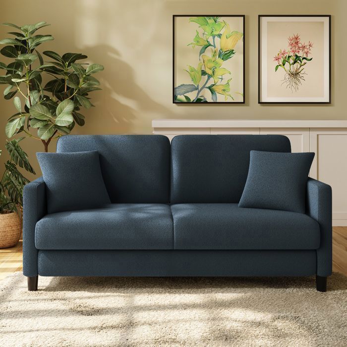 Sofá Teddy de 2 plazas en terciopelo azul grisáceo para salón, sofá de estilo escandinavo con 2 cojines cómodos, patas de madera, 165 × 78 × 85 cm.