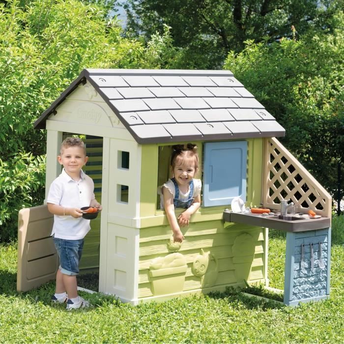 Smoby Life - Mooi speelhuisje + zomerkeuken - Grill en gootsteen - 17 accessoires - Gerecycled materiaal - Geschikt voor kinderen vanaf 2 jaar