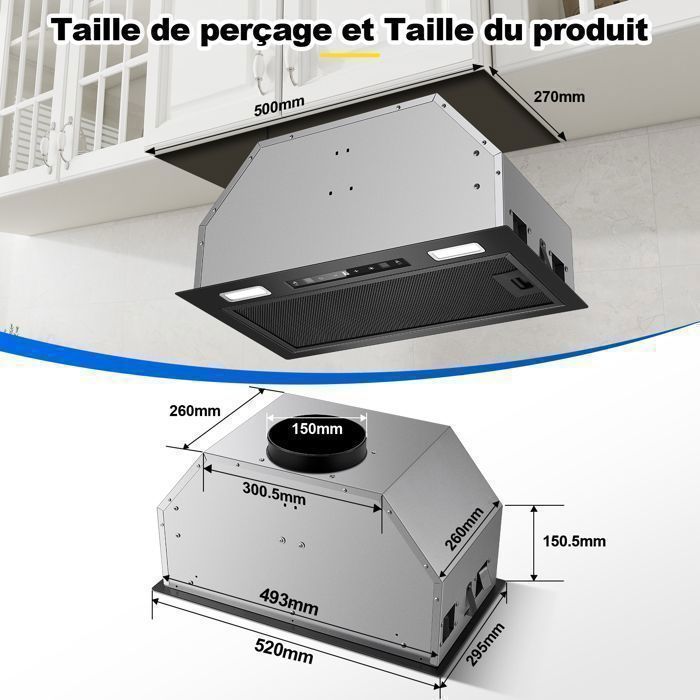 Cappa aspirante da incasso - 750 m³/h, larghezza 52 cm - Comandi gestuali e touch - Funzione Booster - Ricircolo con filtro a carboni attivi - Classe energetica A+++