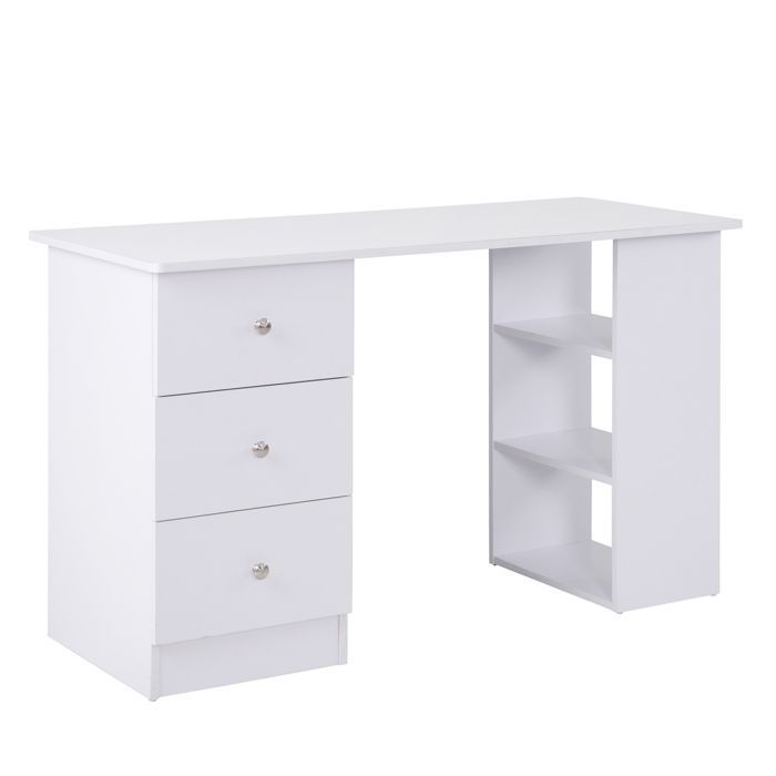 Escritorio para ordenador - HOMCOM - mueble multimedia multifuncional con 3 cajones y 2 estantes - madera - 120x49x72cm - blanco