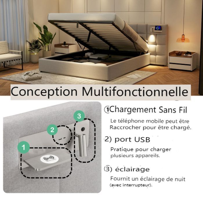 Double bed - LANGTU - Upholstered bed - 180x200 cm - USB port & wireless charging - Hydraulic storage
