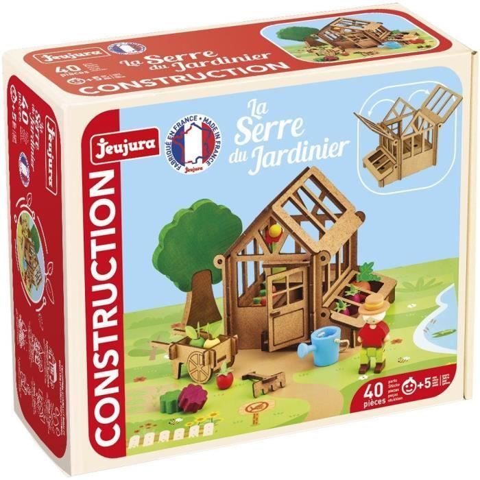 The Gardener's Greenhouse 40 Pieces - JEUJURA - Natural Wood Construction Set, Mat and Accessories Included, 22x18.5x8.5 cm