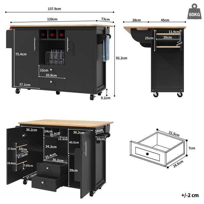 Isla de cocina con tablero abatible, 120 x 45 (73) x 92 cm, carrito de cocina con botellero, 2 cajones, 2 puertas - Negro