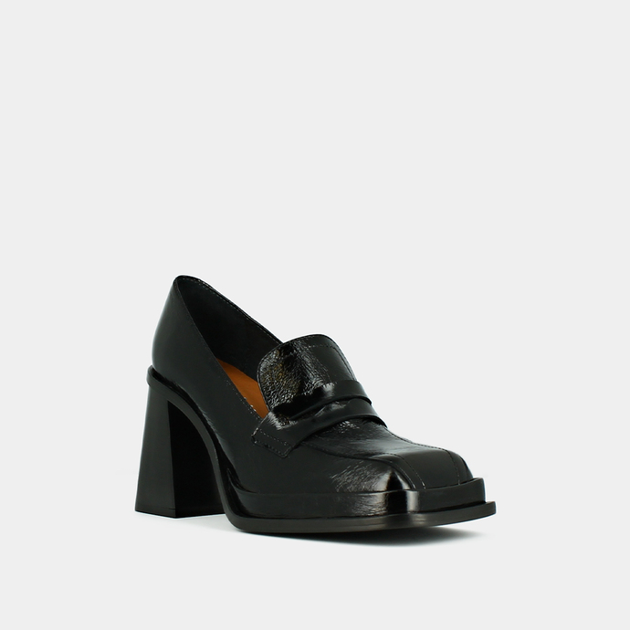 Mocassins à bouts carrés et talons épais...  en cuir brillant noir