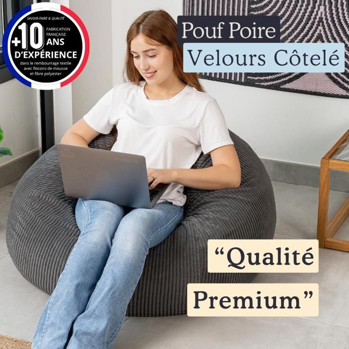 Pouf Poire Velours Côtelé déhoussable - 105x85 cm - Bananair - Gris foncé Fabriqué en France