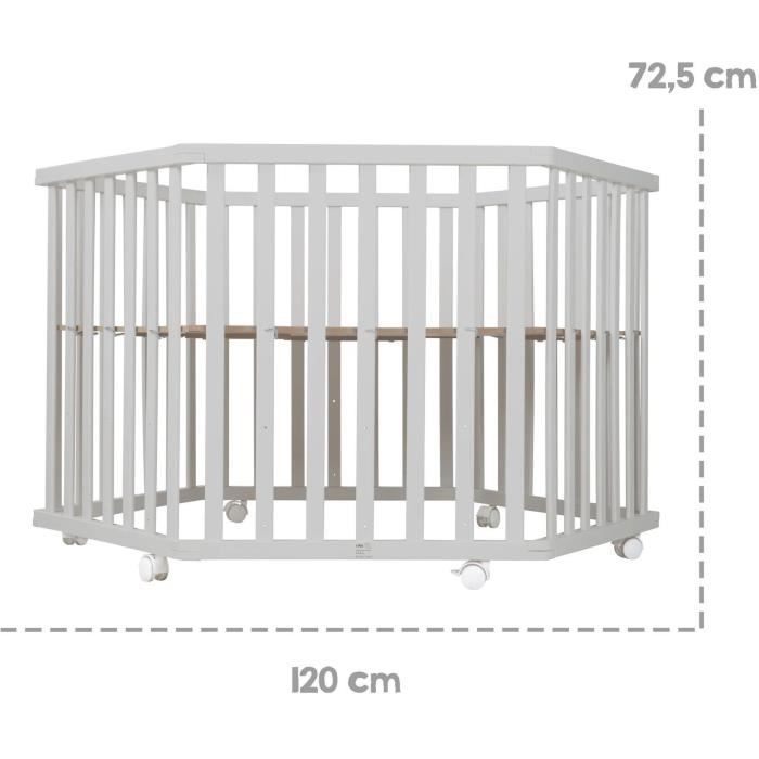 Parque infantil hexagonal convertible ROBA - STERNENZAUBER - Funda acolchada - Estampado de elefantes - 6 ruedas con freno - Madera lacada en gris