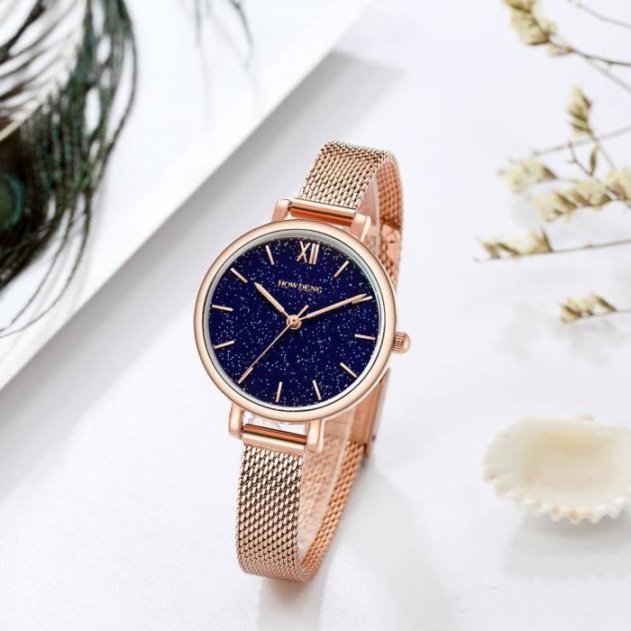 Reloj de cuarzo de lujo para mujer SHARPHY con esfera estrellada, brazalete de acero color oro rosa, luminoso y resistente al agua.