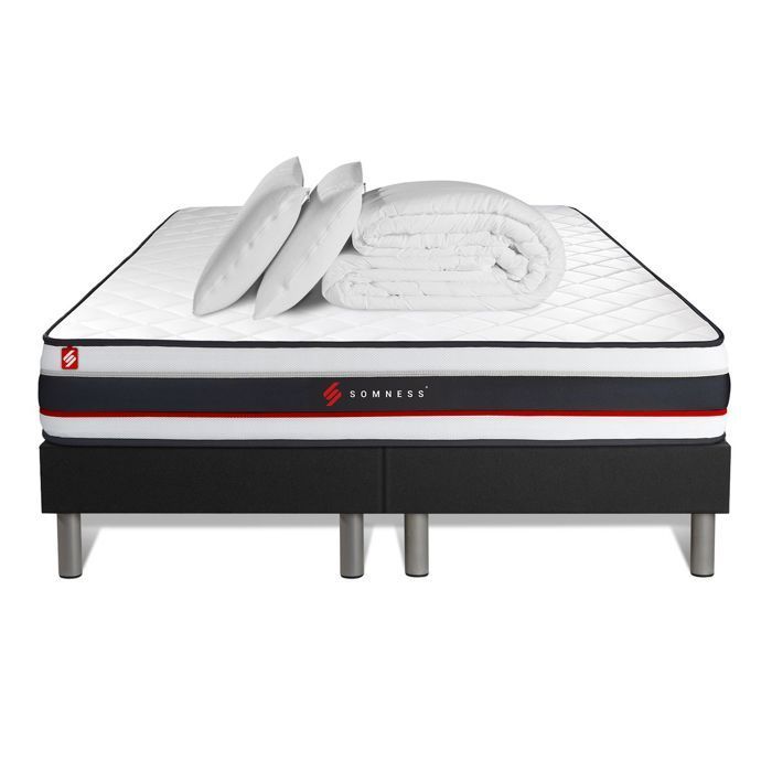 Conjunto de cama de casal com base 90x200 + colchão FORM 180x200 + 2 travesseiros de espuma viscoelástica + edredom de percal 180 x 200 cm preto