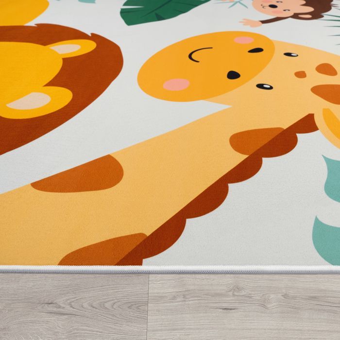 Alfombra infantil Paco Home para dormitorio de bebés (niñas y niños), diseño Zoo Street, antideslizante, beige, azul, verde, beige, 80x150 cm