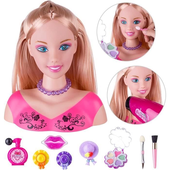 Children's Pretend Playset with Styling and Makeup Head, 34-Piece Styling Doll Head Hairstyle Toy with Hair Dryer for Little Ones