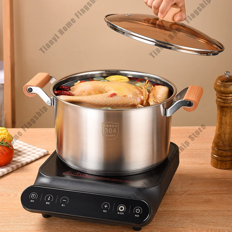 Marmite en acier inoxydable 304 avec couvercle, compatible avec les plaques à induction et à gaz, universelle, épaisse et antiadhésive, à double anse.
