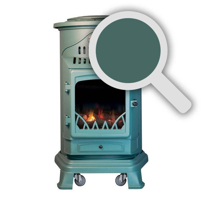Estufa de gas de hierro fundido de 3,4 kW, verde, efecto leña, estilo provenzal, universal.