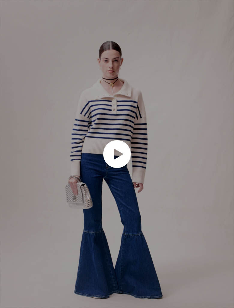Gestreepte kasjmier trui - Marineblauw / Ecru