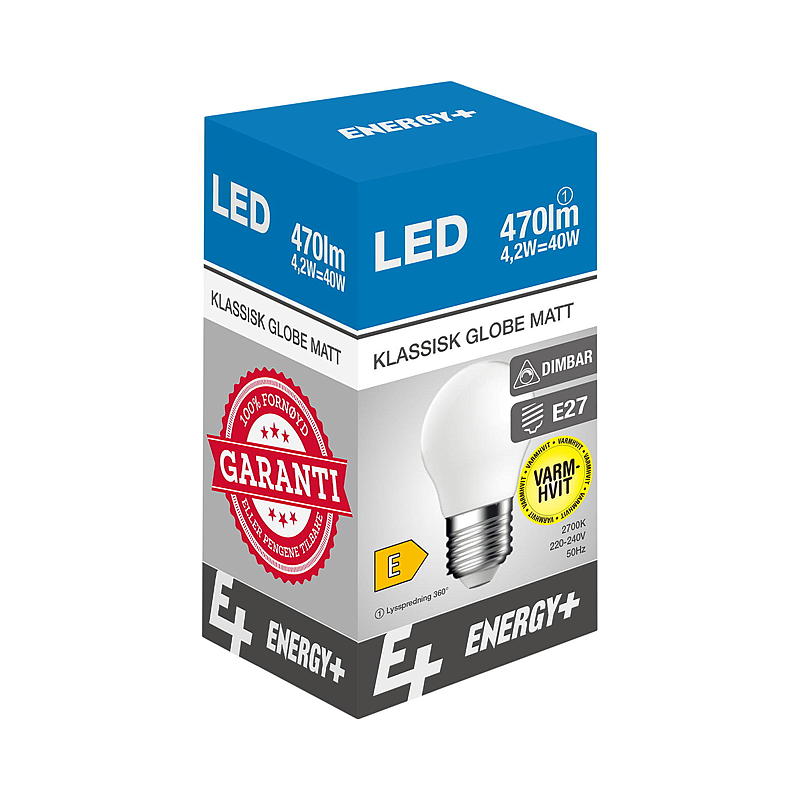Energiezuinige LED-lamp 470 lm, dimbare bol, mat, E27 G45 E