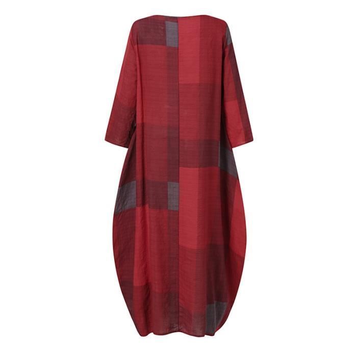 Vestido de fiesta informal de manga larga a cuadros estilo vintage para mujer - Rojo