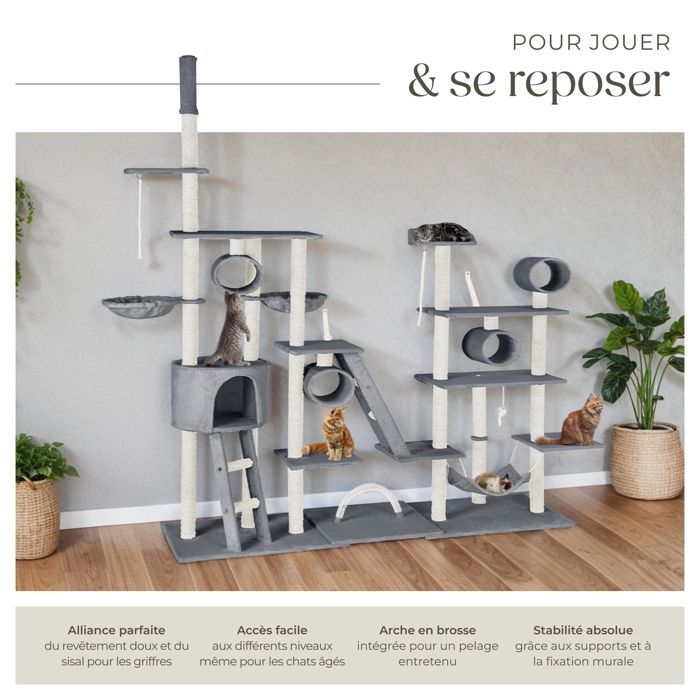 Cat tree - TECTAKE - SNOOKY cat furniture with large scratching post and 1 hammock 218 x 70 x 216 cm - Grey