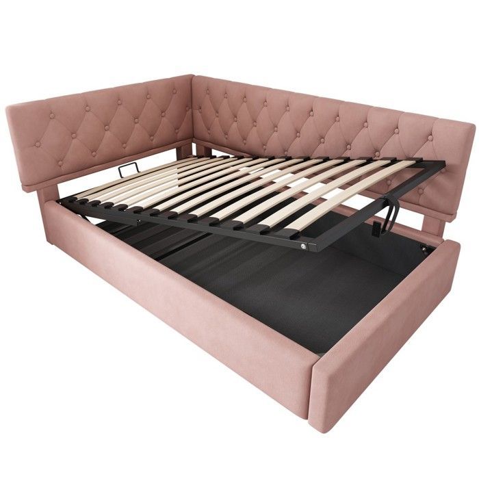 Kinderdagbed 90x190cm, hydraulisch verstelbaar, in roze - met opbergruimte, lattenbodem, fluwelen bekleding - voor kinderen en tieners, matras niet inbegrepen