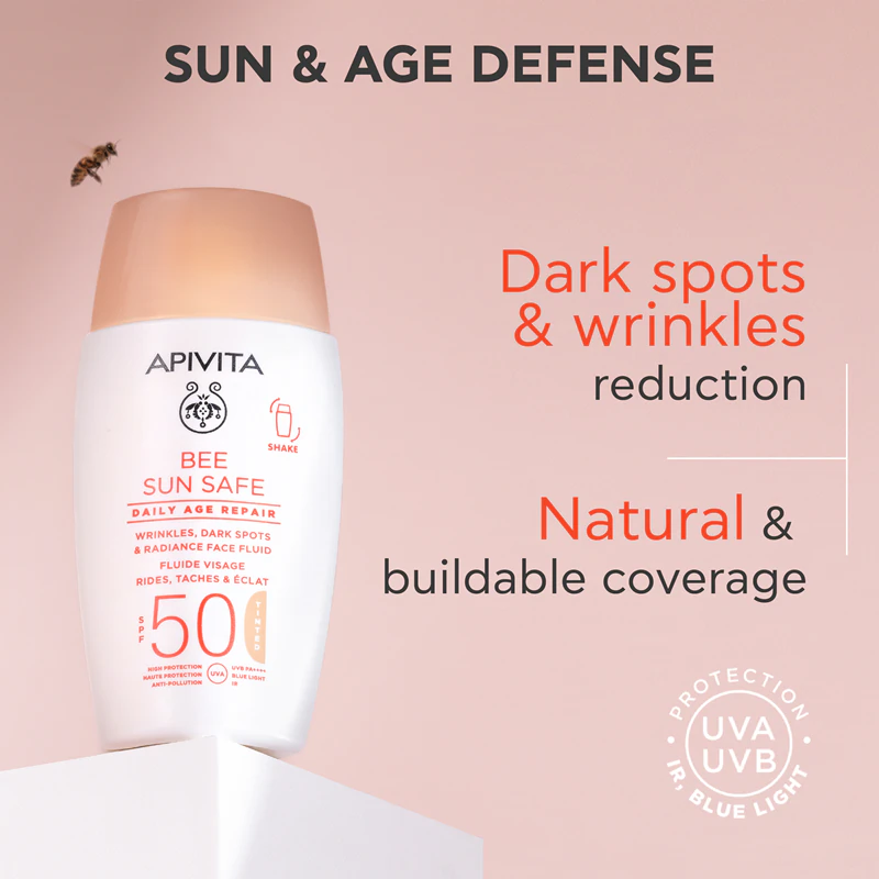Apivita Bee Sun Safe Daily Age Repair Tinted Fluid SPF50 tonujący krem ochronny SPF 50