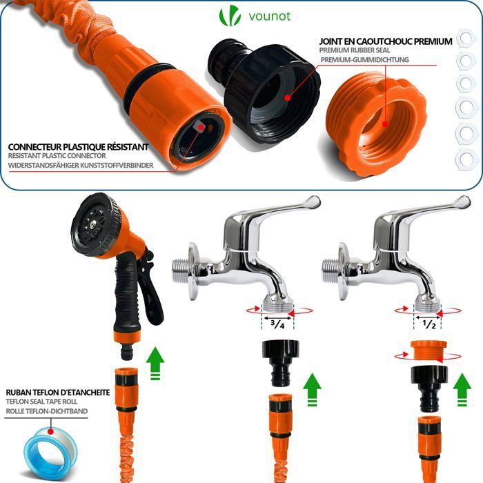 Manguera de jardín extensible VOUNOT® de 45 m, color naranja - 10 modos - Conector y bolsa de almacenamiento incluidos - Flexible y a prueba de fugas