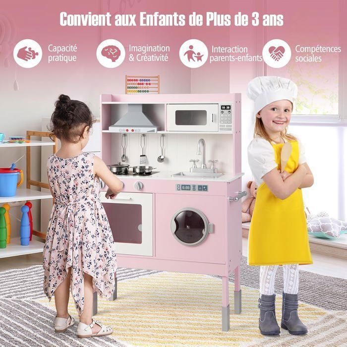 COSTWAY Cuisine pour Enfants 3 Ans+ en Bois - 5 Accessoires, Effect Sons et Lumières avec Téléphone, Rose