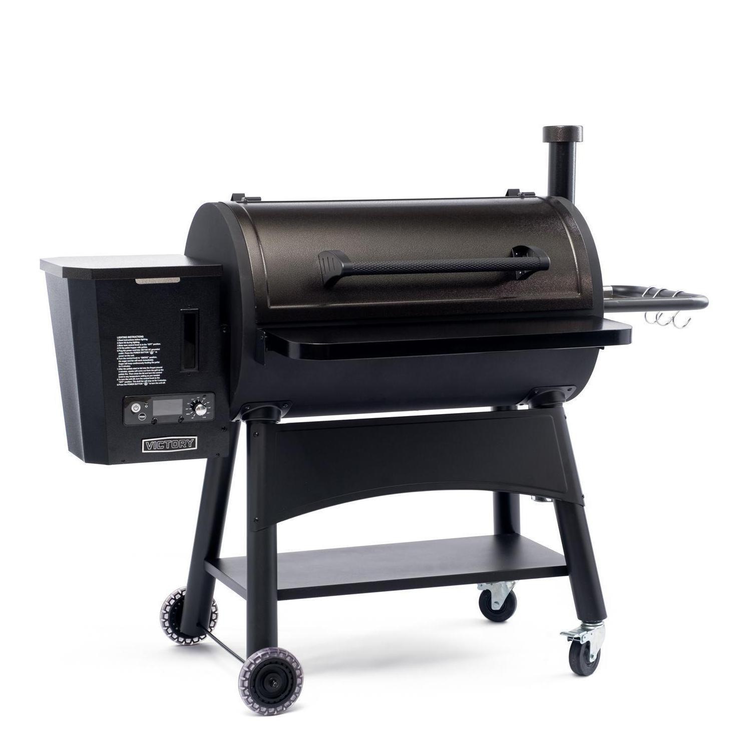 Victory 35-Zoll-Holzpelletgrill mit Frontablage, 29-Pfund-Pelletbehälter, 16-Gauge-Stahlfass und Wagen – BBQPG