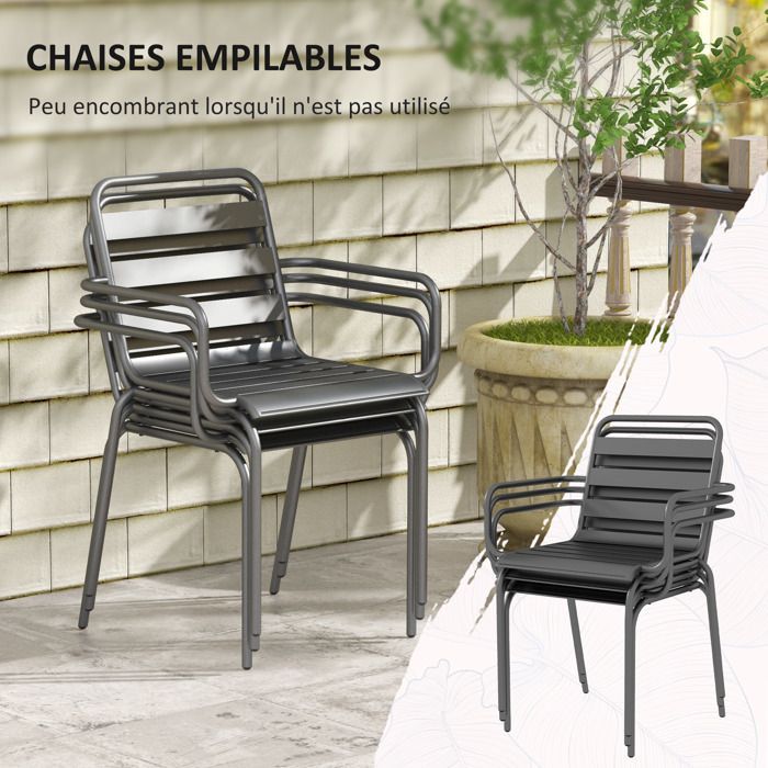 Salon de jardin Outsunny ensemble salle à manger de jardin 7 pièces avec 1 table et 6 chaises empilables en acier gris