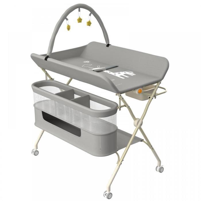 MIPAN 2-in-1 Faltbarer Wickeltisch – Höhenverstellbar (83–91 cm) – Mit 4 Rollen + Aufbewahrungstasche + Spielbogen – Grau