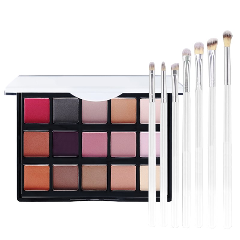 Paleta de 15 sombras de ojos + set de 7 brochas de maquillaje; paleta altamente pigmentada con acabados mate y brillante
