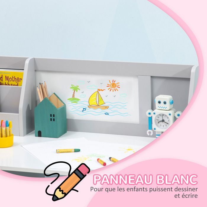 Ensemble table et chaise pour enfant - HOMCOM - avec tableau blanc - bureau pour enfant +5 ans 90L x 45l x 85H cm Gris