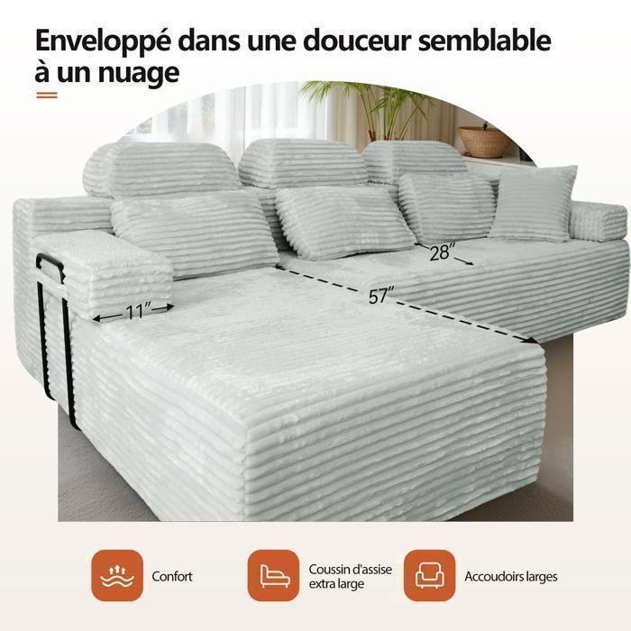 Reversible corner sofa with chaise longue, modular high-back sofa, deep seat sofa bed without assembly, grey