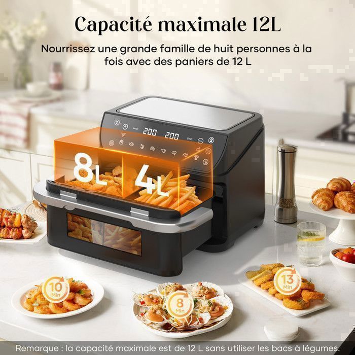 Friteuse sans Huile 12L - Panier Flexible - Écran LED - Cuisson 360° Sans Huile - 10 Programmes - Cavité métallique - Air fryer