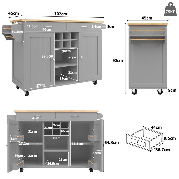 Multi-functional Kitchen Cabinet, Modern Kitchen Island, Kitchen Buffet on Wheels, Serving Cart, 102x45x92cm, Grey